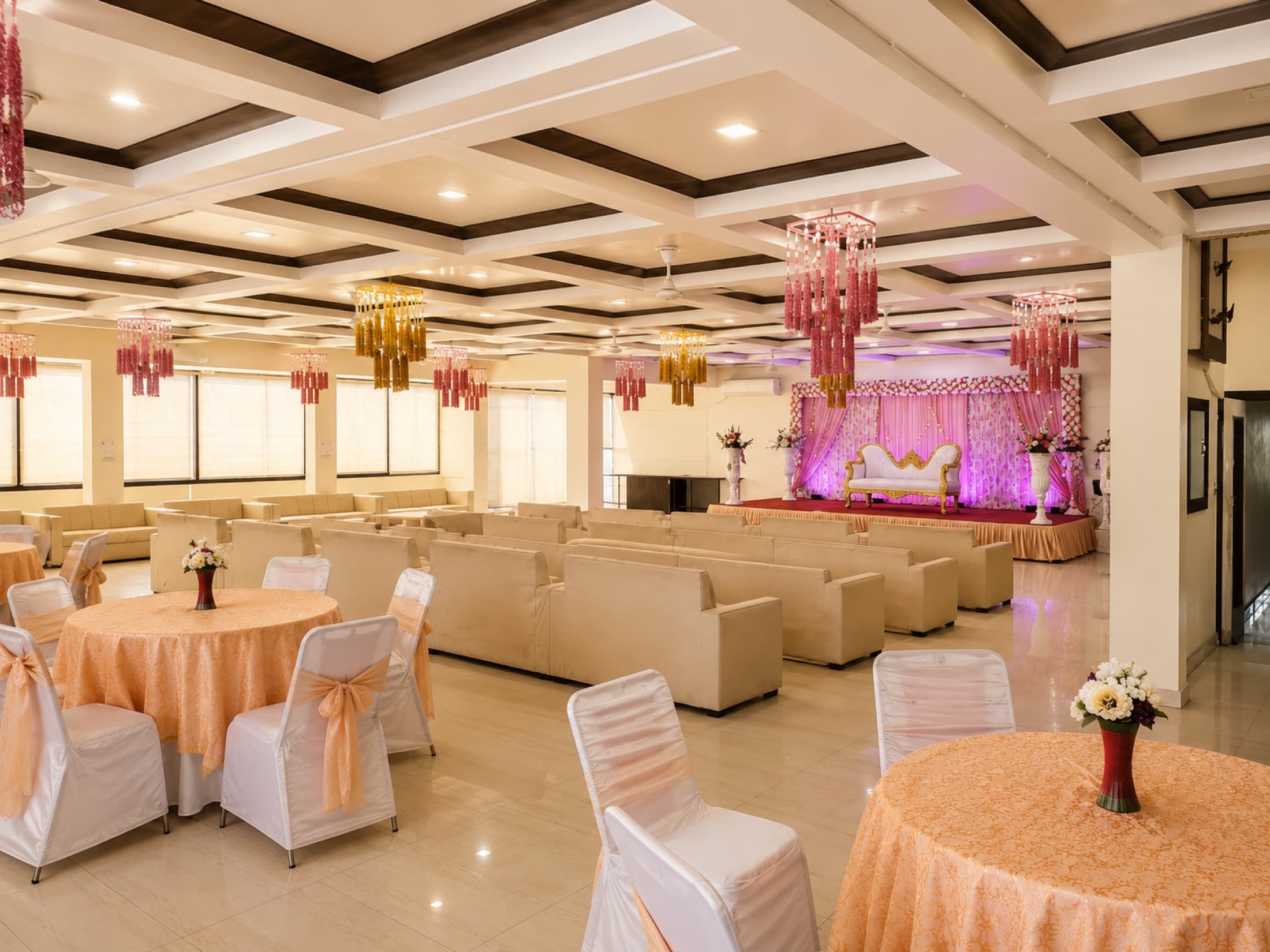 Decorated banquet space prepared for hosted functions at Hotel Vasant
