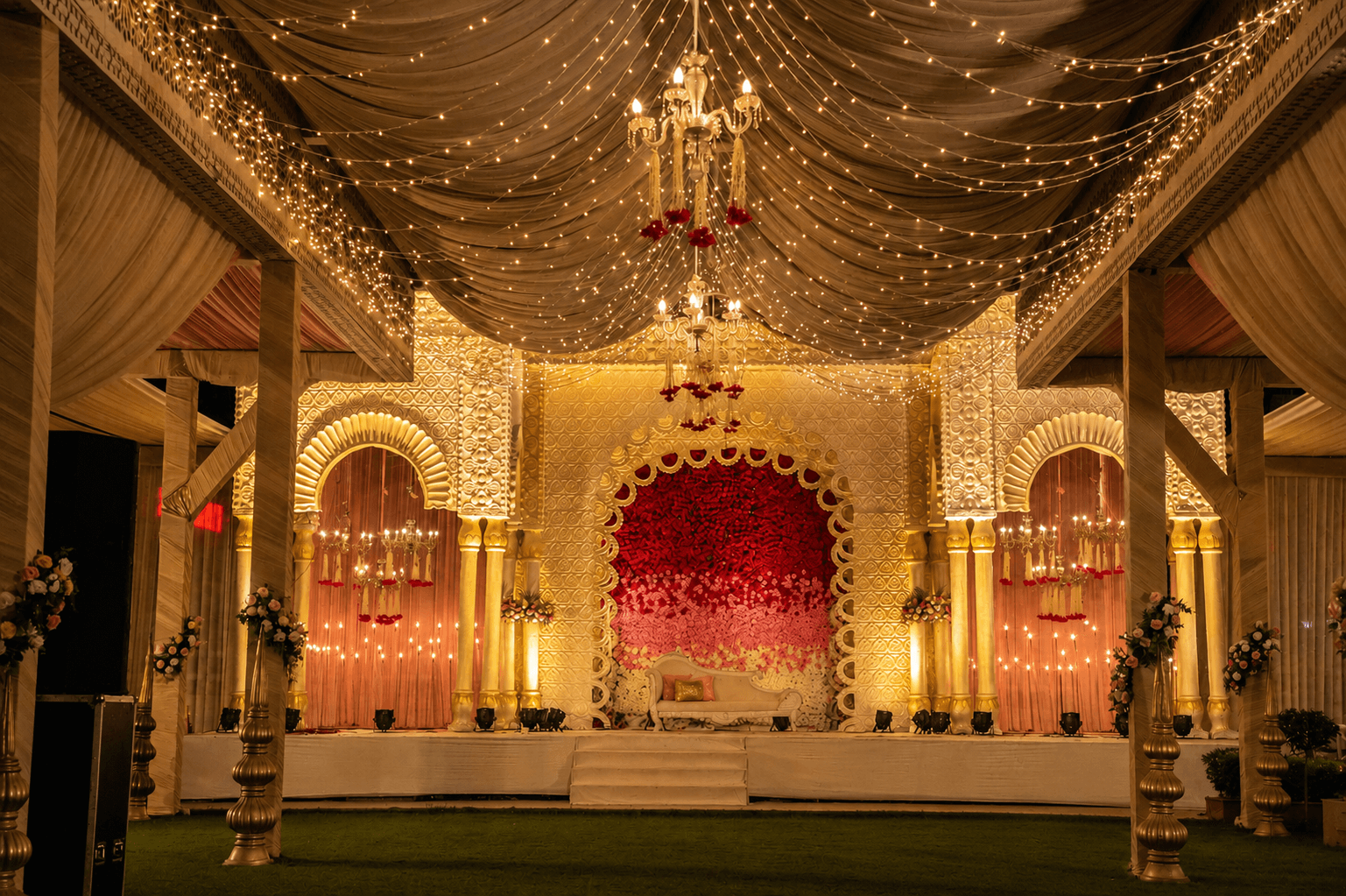 Close view of a decorated wedding stage at Hotel Vasant