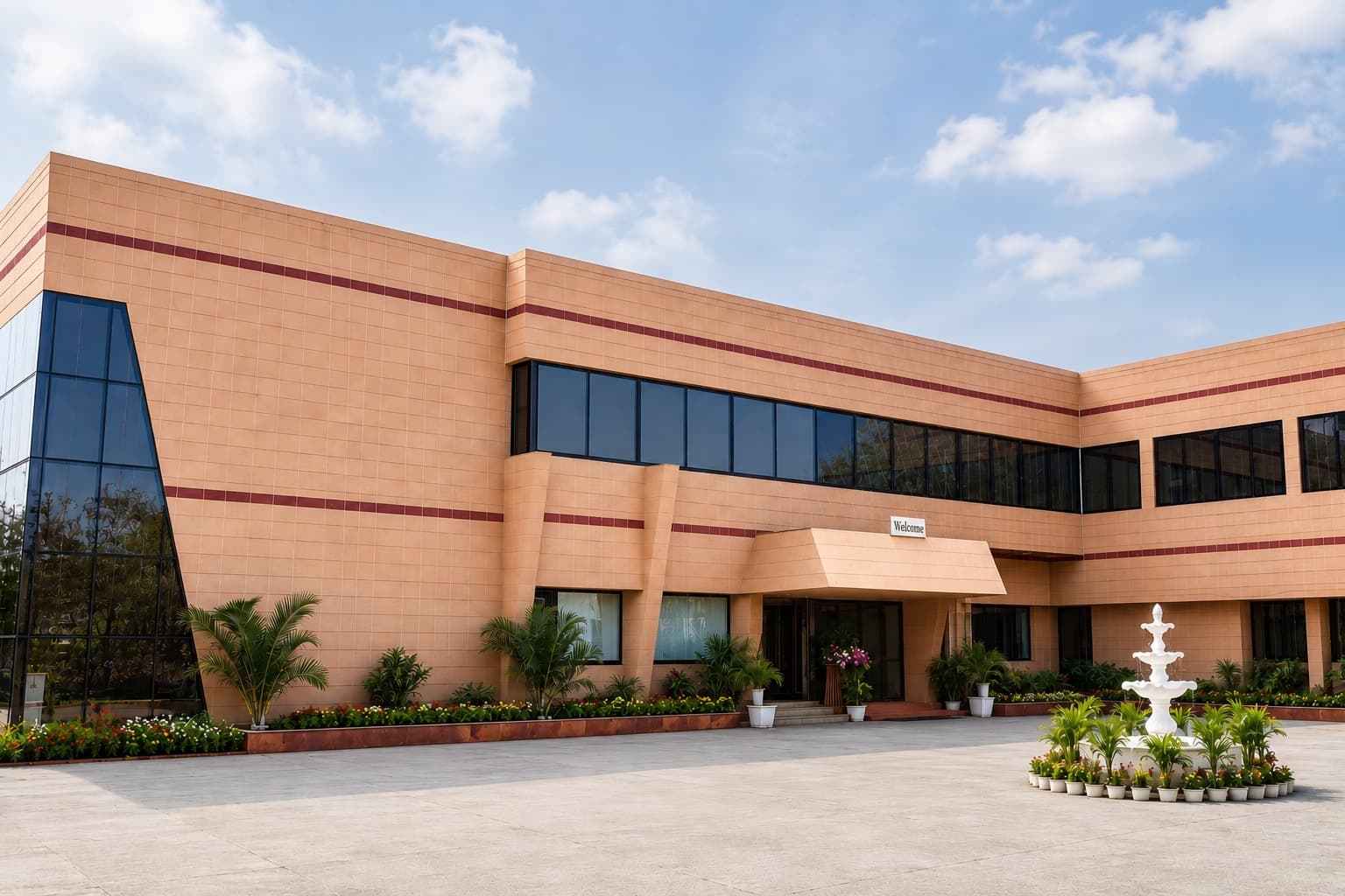 Hotel Vasant building exterior with fountain