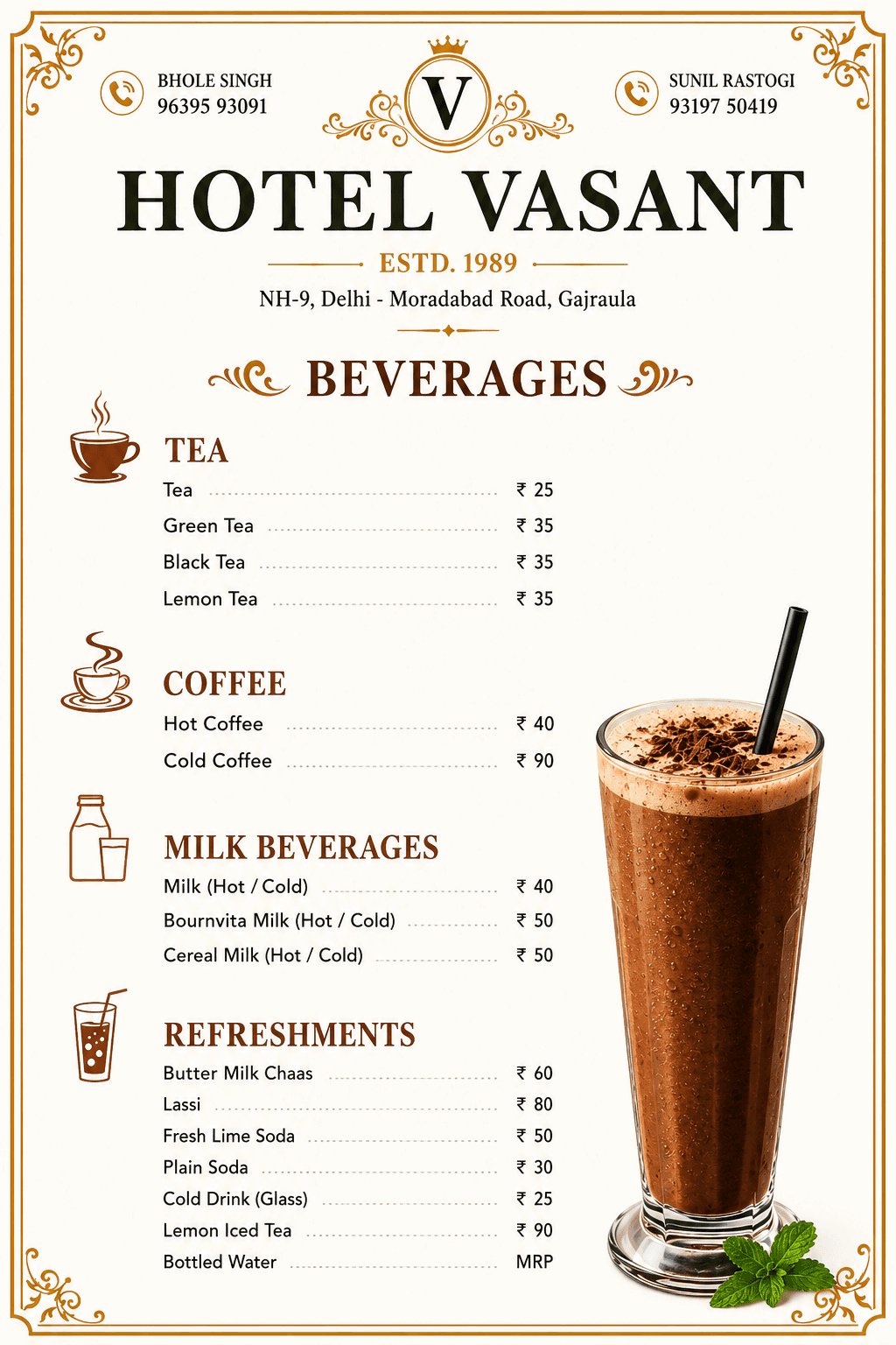 Hotel Vasant beverages menu with tea, coffee and refreshments