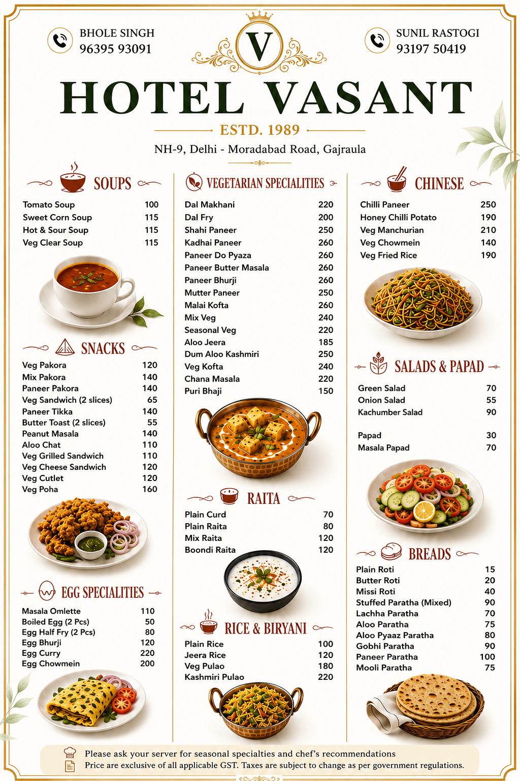 Hotel Vasant food menu with soups, snacks, vegetarian specialities, breads and rice